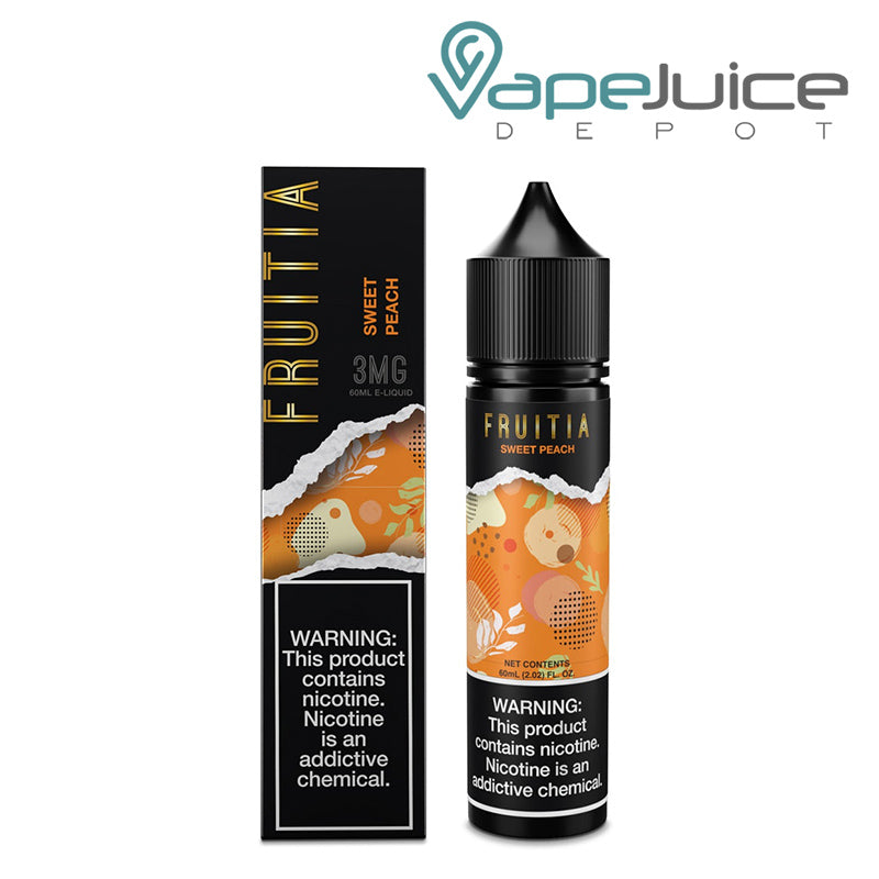 A Box of Sweet Peach Fruitia Fresh Farms with a warning sign and a 60ml bottle next to it - Vape Juice Depot