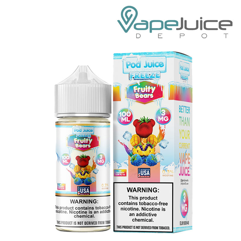 A 100ml bottle of Fruity Bears Freeze Pod Juice TFN with a warning sign and a box next to it - Vape Juice Depot