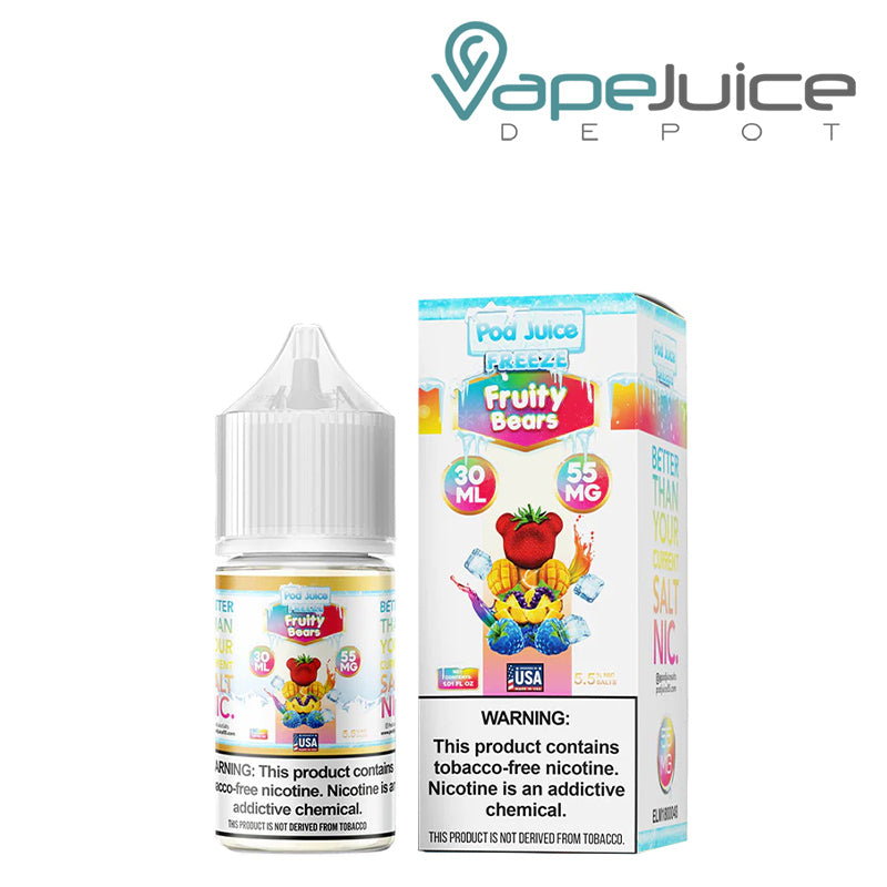 A 30ml bottle of Fruity Bears Freeze Pod Juice TFN Salt with a warning sign and a box with a warning sign next to it - Vape Juice Depot