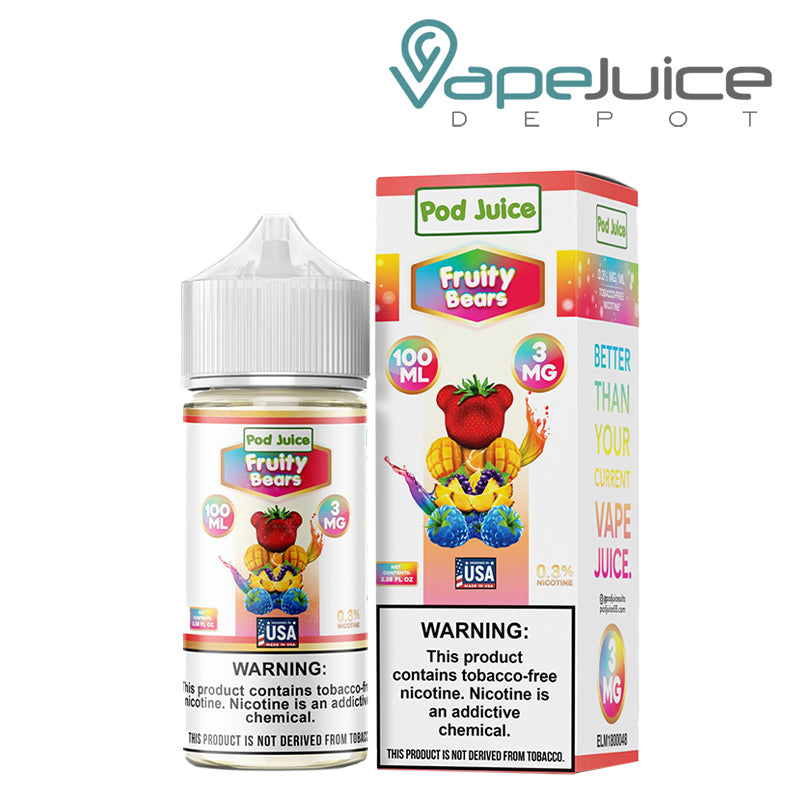 A 100ml bottle of Fruity Bears Pod Juice TFN with a warning sign and a box next to it - Vape Juice Depot