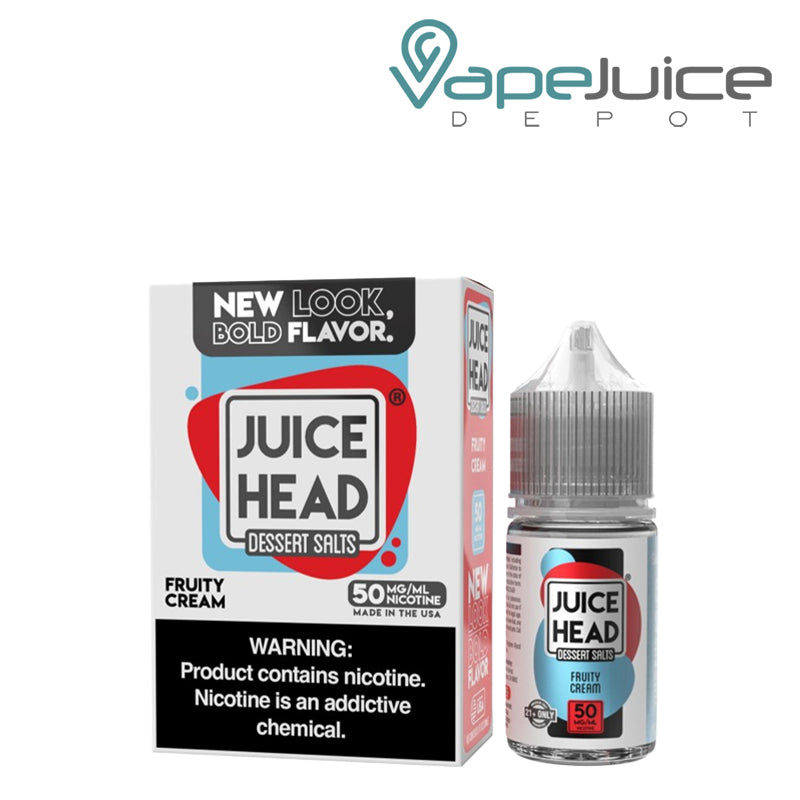 A box of Fruity Cream Juice Head Dessert salt with a warning sign and a 30ml bottle next to it - Vape Juice Depot