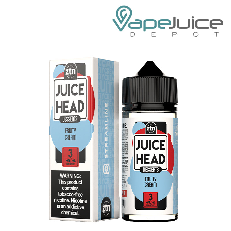 A box of 3mg Fruity Cream ZTN Juice Head with a warning sign and a 100ml bottle next to it - Vape Juice Depot