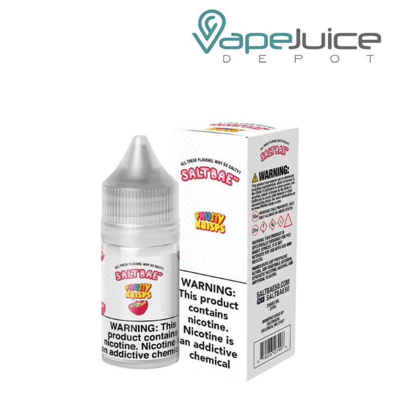 A 30ml bottle of Fruity Krisps SaltBae50 Salt and a box with a warning sign next to it - Vape Juice Depot