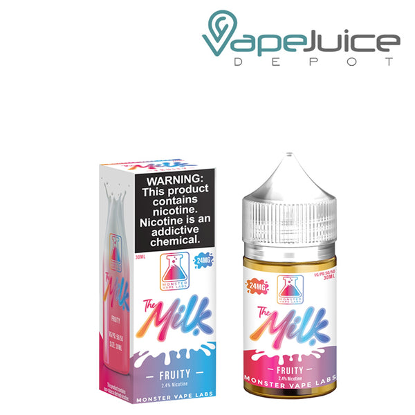 A box of Fruity The Milk TFN Salt eLiquid with a warning sign and a 30ml bottle next to it - Vape Juice Depot