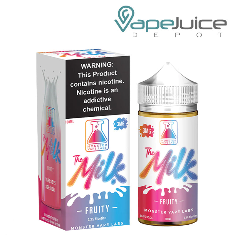 A box of Fruity The Milk TFN eLiquid with a warning sign and a 100ml bottle next to it - Vape Juice Depot