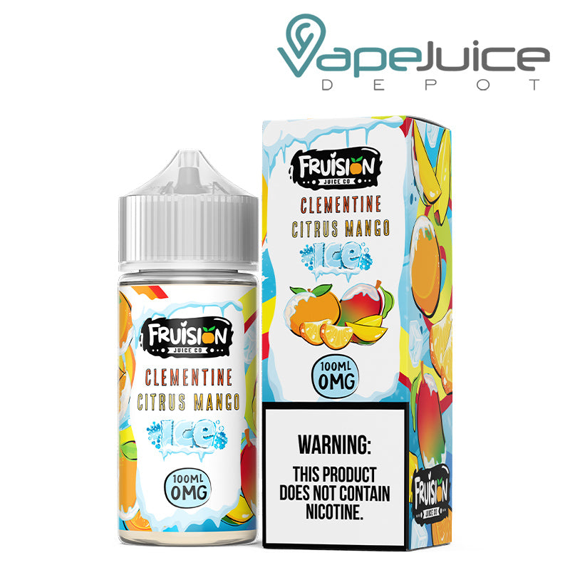 A 100ml bottle of Iced Clementine Citrus Mango Fruision Juice Co 0mg and a box with a warning sign next to it - Vape Juice Depot