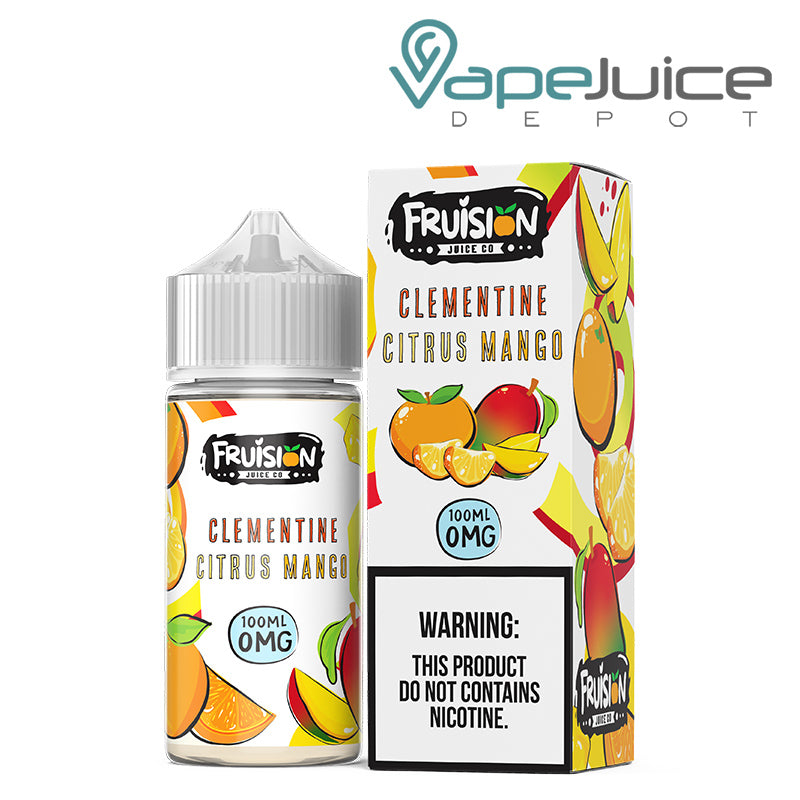 A 100ml bottle of Clementine Citrus Mango Fruision Juice Co 0mg and a box with a warning sign next to it - Vape Juice Depot