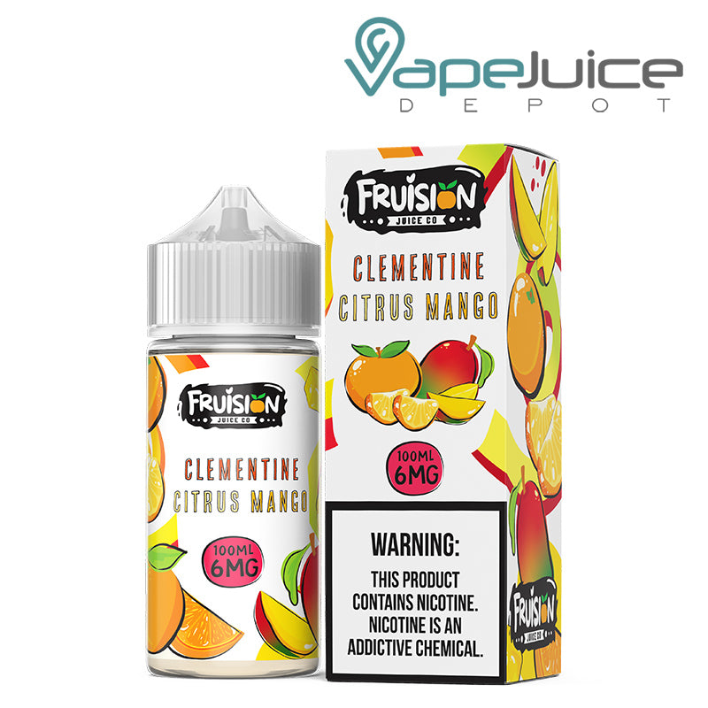 A 100ml bottle of Clementine Citrus Mango Fruision Juice Co 6mg and a box with a warning sign next to it - Vape Juice Depot