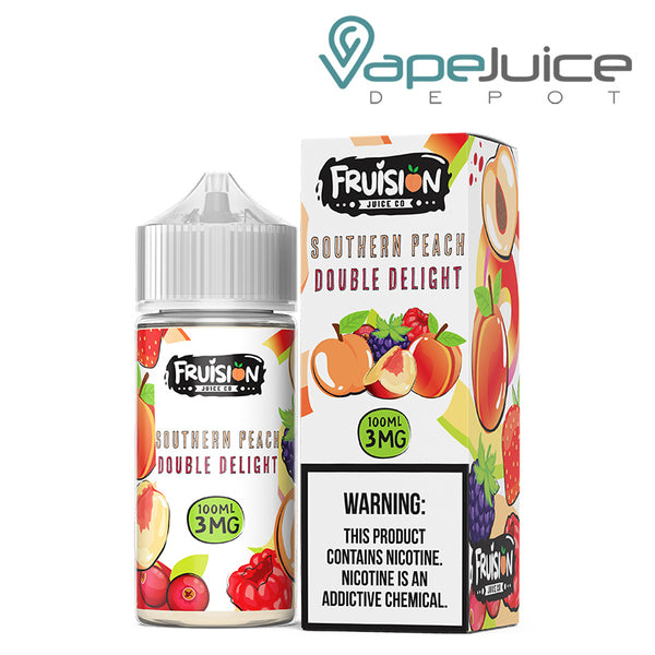 A 100ml bottle of Southern Peach Double Delight Fruision Juice Co 3mg and a box with a warning sign next to it - Vape Juice Depot