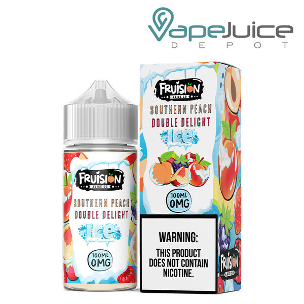 A 100ml bottle of Iced Southern Peach Double Delight Fruision Juice Co 0mg and a box with a warning sign next to it - Vape Juice Depot