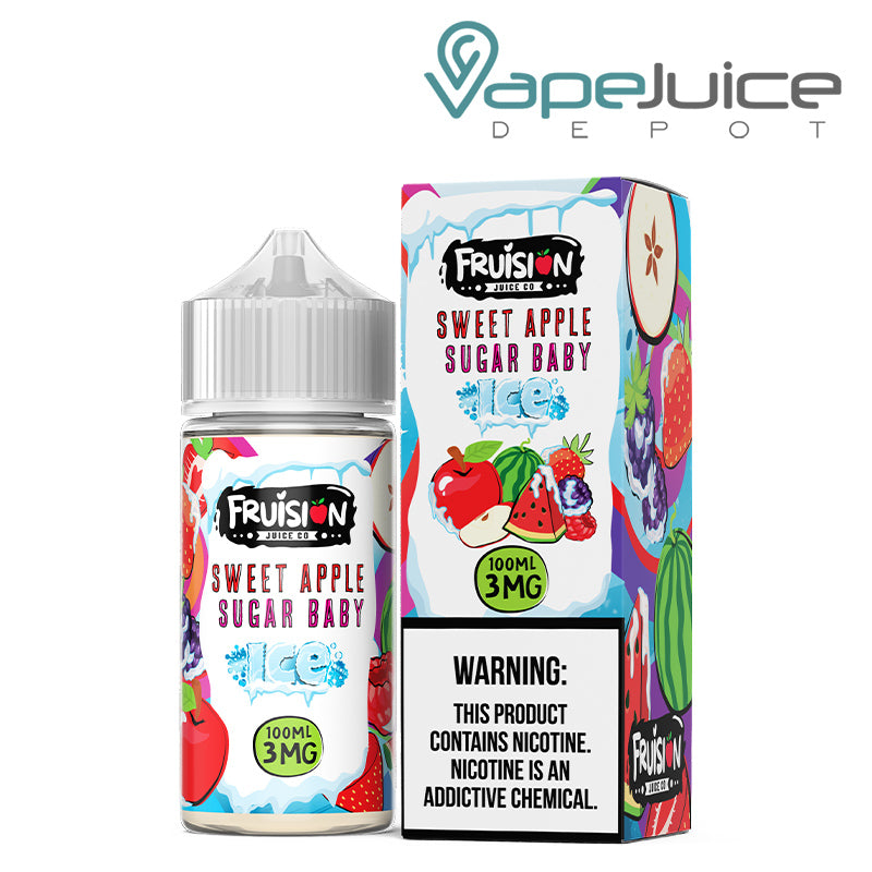 A 100ml bottle of Iced Sweet Apple Sugar Baby Fruision Juice Co 3mg and a box with a warning sign next to it - Vape Juice Depot
