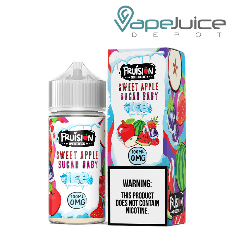 A 100ml bottle of Iced Sweet Apple Sugar Baby Fruision Juice Co 0mg and a box with a warning sign next to it - Vape Juice Depot