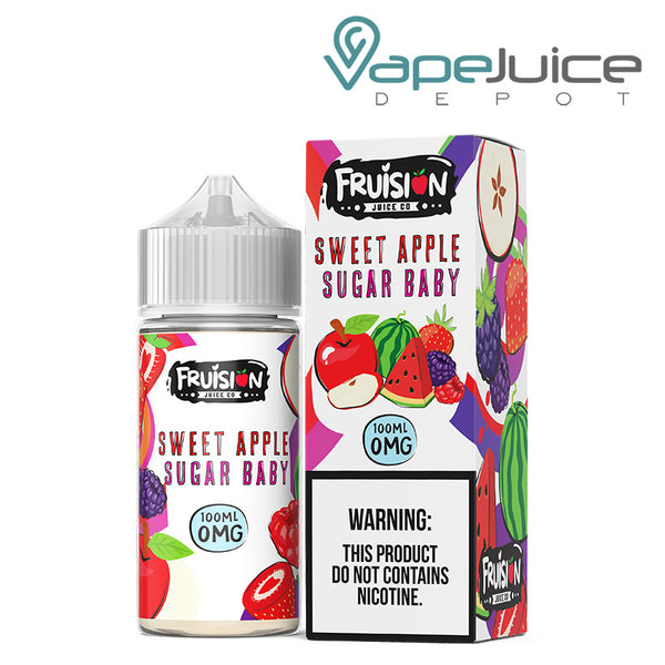 A 100ml bottle of Sweet Apple Sugar Baby Fruision Juice Co 0mg and a box with a warning sign next to it - Vape Juice Depot