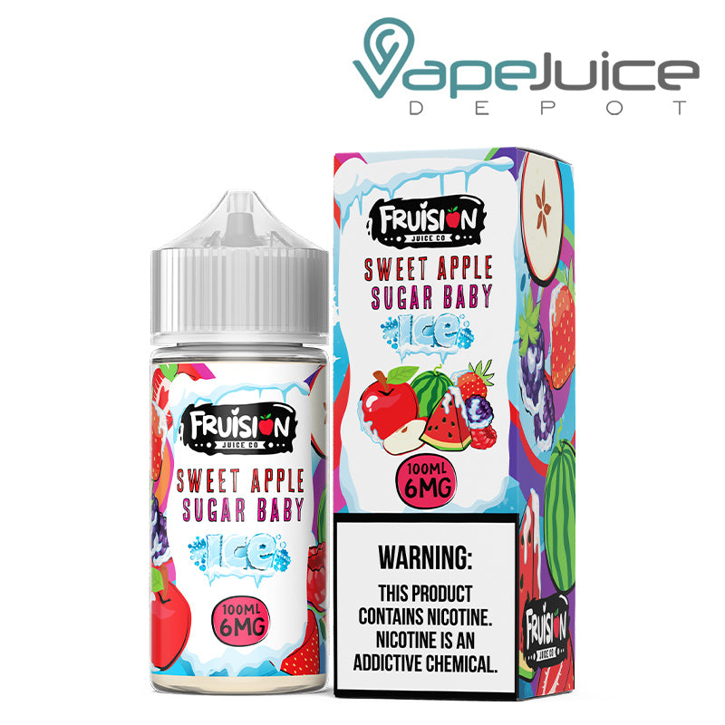 A 100ml bottle of Iced Sweet Apple Sugar Baby Fruision Juice Co 6mg and a box with a warning sign next to it - Vape Juice Depot