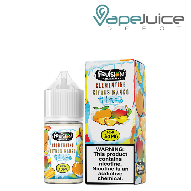 A 30ml bottle of Iced Clementine Citrus Mango Fruision Salts 30mg and a box with a warning sign next to it - Vape Juice Depot