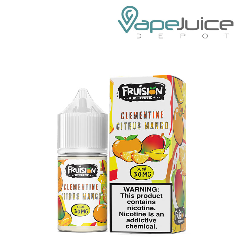 A 30ml bottle of Clementine Citrus Mango Fruision Salts 30mg and a box with a warning sign next to it - Vape Juice Depot