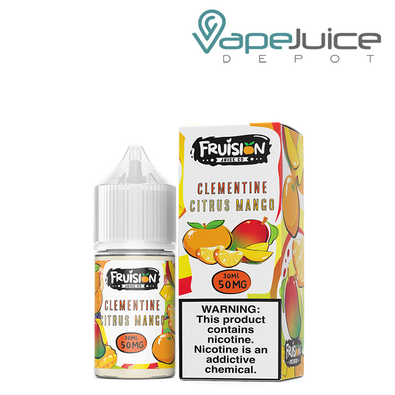 A 30ml bottle of Clementine Citrus Mango Fruision Salts 50mg and a box with a warning sign next to it - Vape Juice Depot