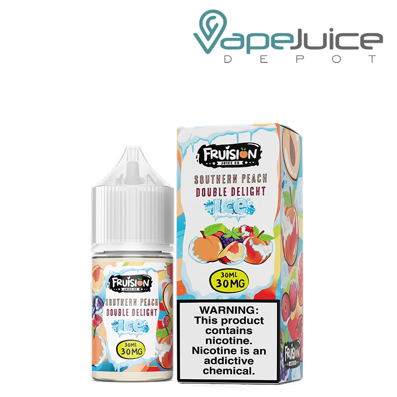 A 30ml bottle of Iced Southern Peach Double Delight Fruision Salts 30mg and a box with a warning sign next to it - Vape Juice Depot