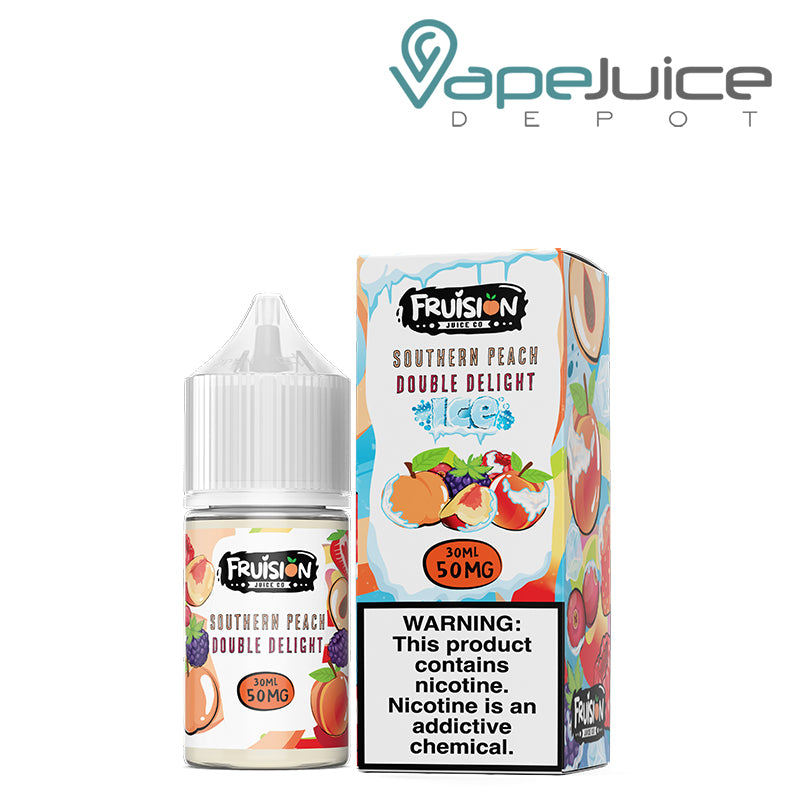 A 30ml bottle of Iced Southern Peach Double Delight Fruision Salts 50mg and a box with a warning sign next to it - Vape Juice Depot