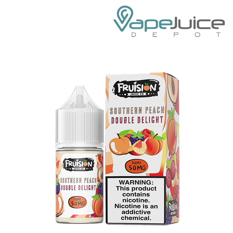 A 30ml bottle of Southern Peach Double Delight Fruision Salts 50mg and a box with a warning sign next to it - Vape Juice Depot
