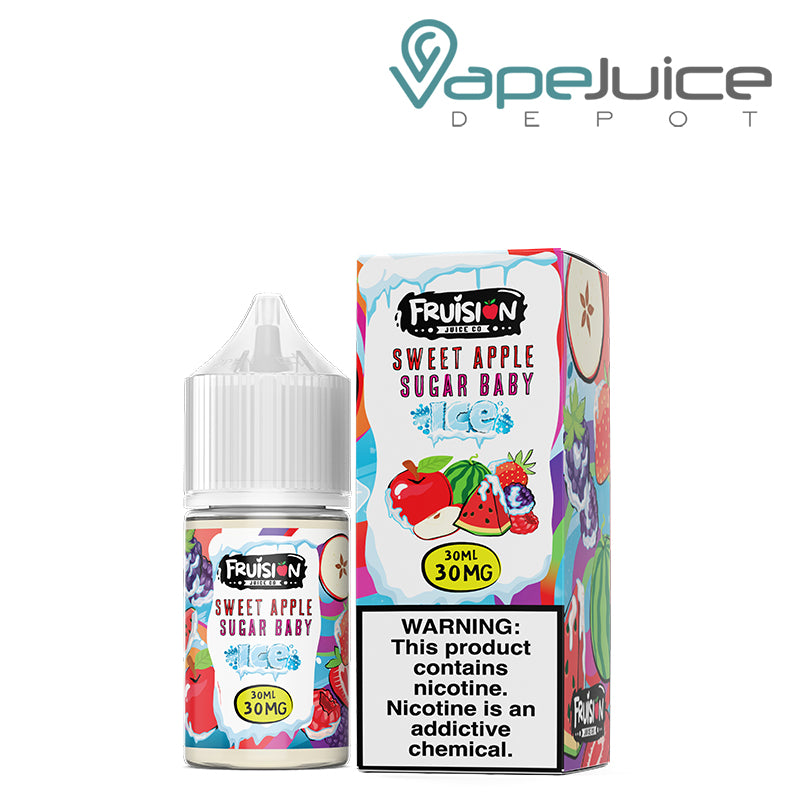 A 30ml bottle of Iced Sweet Apple Sugar Baby Fruision Salts 30mg and a box with a warning sign next to it - Vape Juice Depot