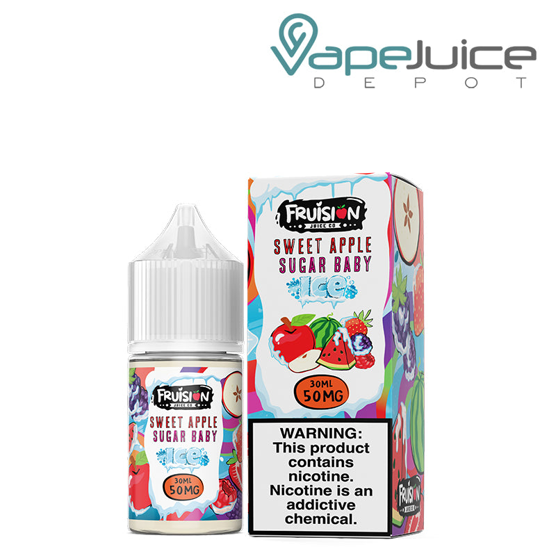 A 30ml bottle of Iced Sweet Apple Sugar Baby Fruision Salts 50mg and a box with a warning sign next to it - Vape Juice Depot