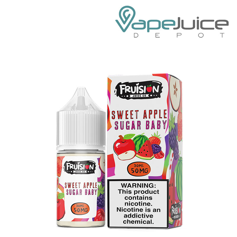 A 30ml bottle of Sweet Apple Sugar Baby Fruision Salts 50mg and a box with a warning sign next to it - Vape Juice Depot