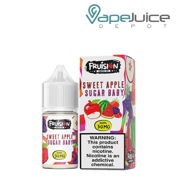 A 30ml bottle of Sweet Apple Sugar Baby Fruision Salts 30mg and a box with a warning sign next to it - Vape Juice Depot
