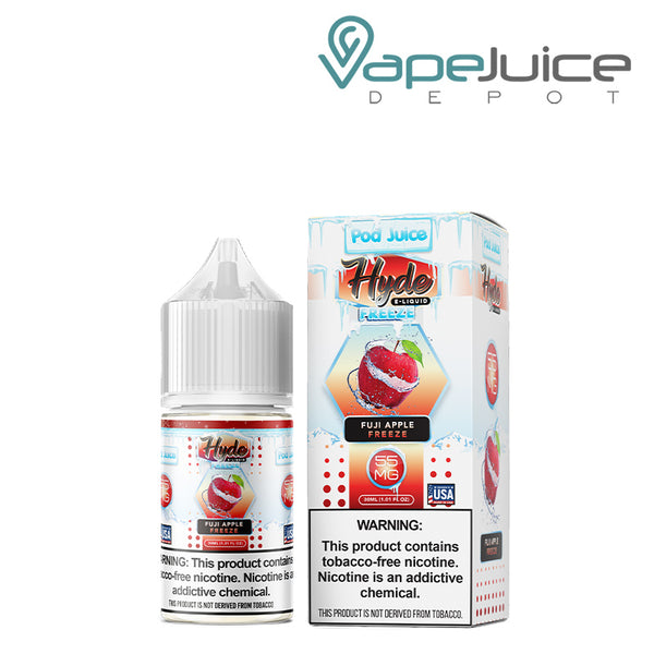 A 30ml bottle of Fuji Apple Freeze Hyde Pod Juice TFN Salt and a box with a warning sign next to it - Vape Juice Depot