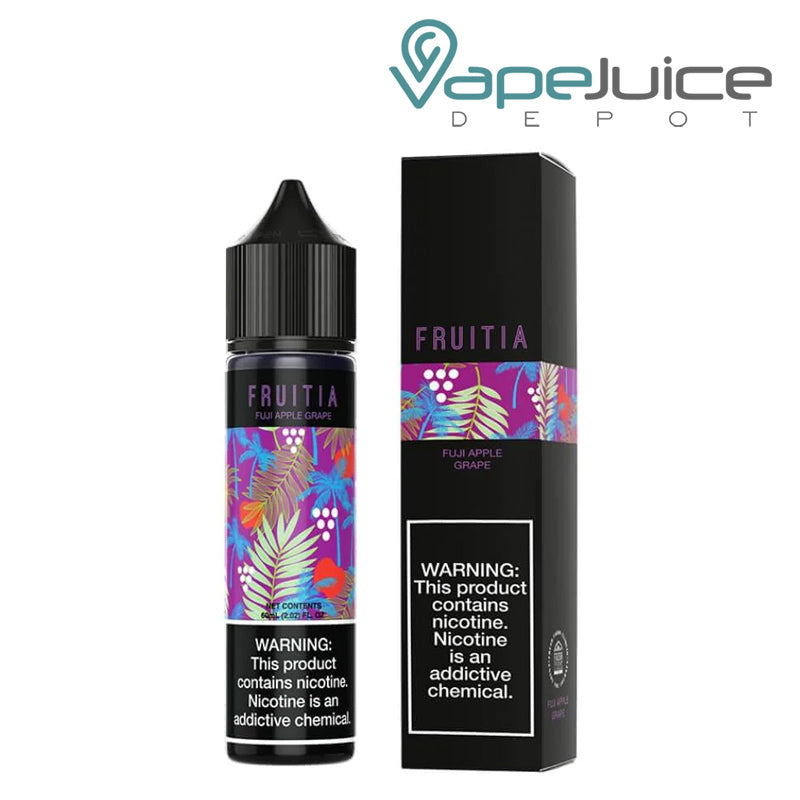 A 60ml bottle of Fuji Apple Grape Fruitia Fresh Farms with a warning sign and a box next to it - Vape Juice Depot
