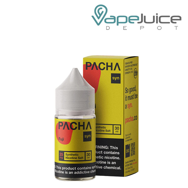 A 30ml bottle of Fuji PachaMama Salts and a box with a warning sign next to it - Vape Juice Depot
