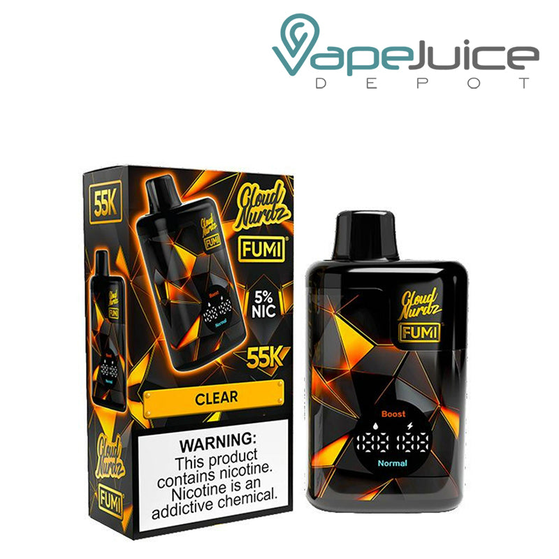 A Box of Fumi x Cloud Nurdz 55K Clear Disposable with a warning sign and a device with an LED screen next to it - Vape Juice Depot
