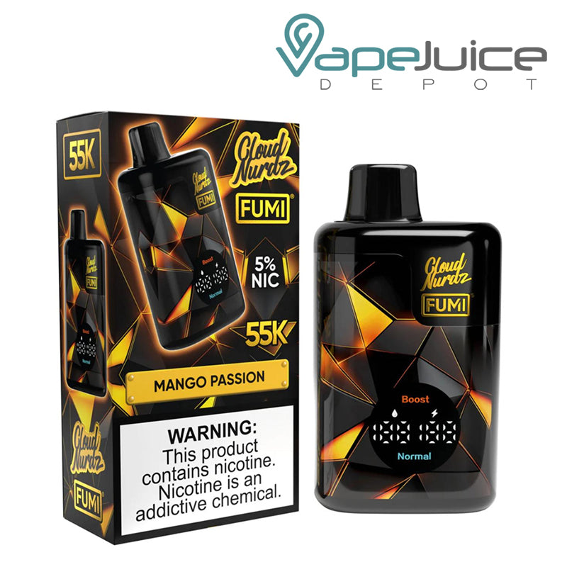 A Box of Mango Passion Fumi x Cloud Nurdz 55K Disposable with a warning sign and a device with an LED display screen  next to it - Vape Juice Depot