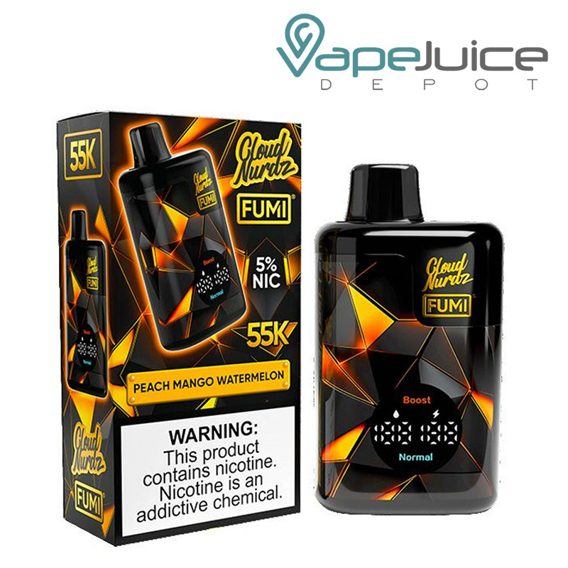 A Box of Peach Mango Watermelon Fumi x Cloud Nurdz 55K Disposable with a warning sign and a device with an LED display screen  next to it - Vape Juice Depot