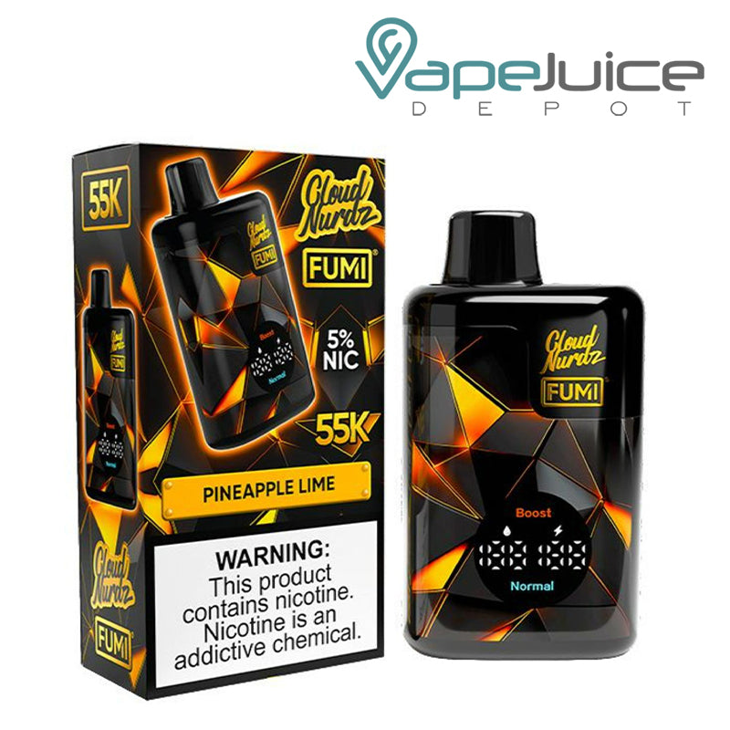 A Box of Pineapple Lime Fumi x Cloud Nurdz 55K Disposable with a warning sign and a device with an LED display screen  next to it - Vape Juice Depot