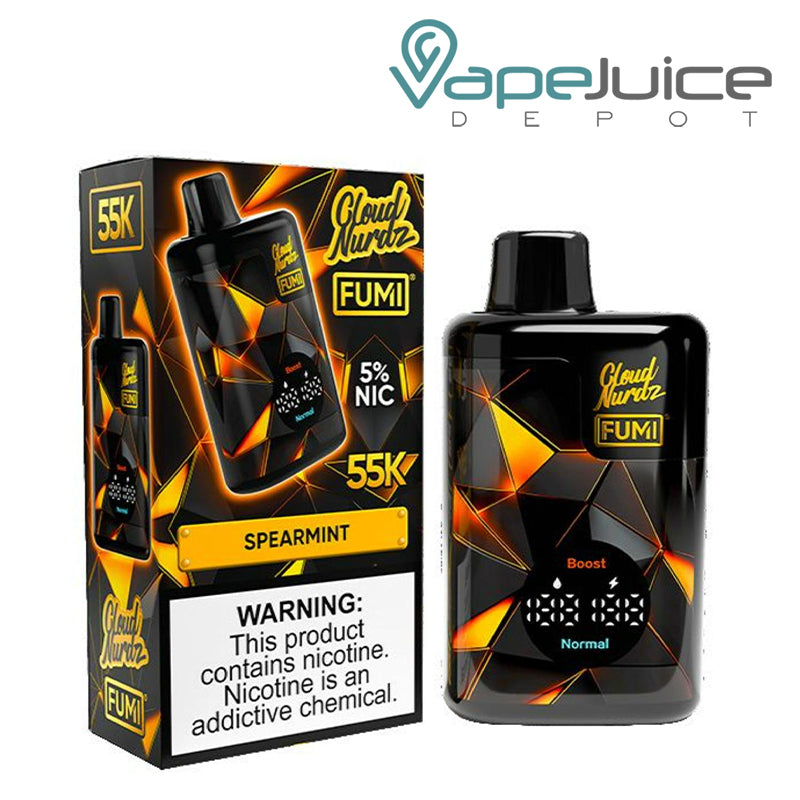 A Box of Spearmint Fumi x Cloud Nurdz 55K Disposable with a warning sign and a device with an LED display screen  next to it - Vape Juice Depot