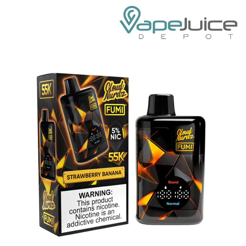 A Box of Strawberry Banana Fumi x Cloud Nurdz 55K Disposable with a warning sign and a device with an LED display screen  next to it - Vape Juice Depot
