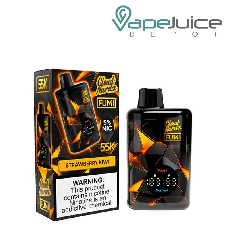 A Box of Strawberry Kiwi Fumi x Cloud Nurdz 55K with a warning sign and a device next to it - Vape Juice Depot