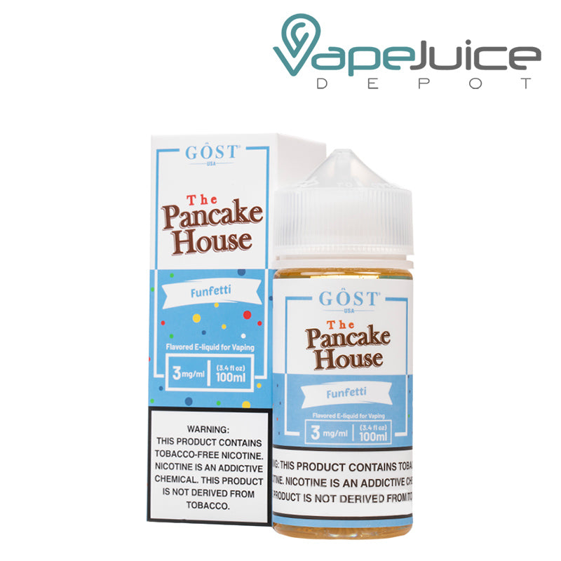 A box of Funfetti The Pancake House with a warning sign and a 100ml bottle with a warning sign next to it - Vape Juice Depot