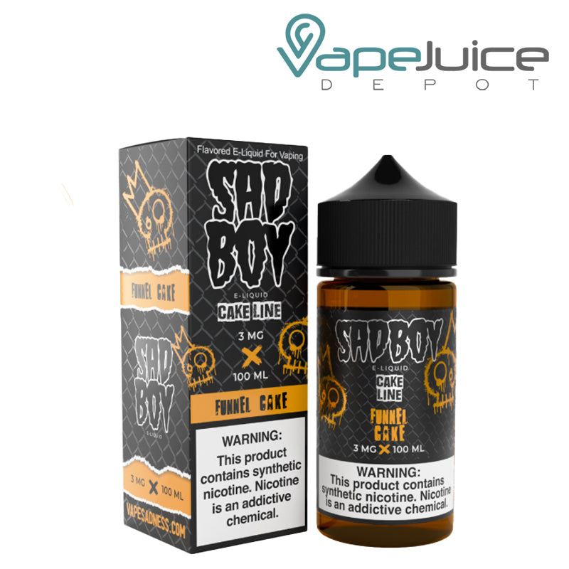 A Box of Funnel Cake SadBoy eLiquid with a warning sign next to its 100ml bottle - Vape Juice Depot