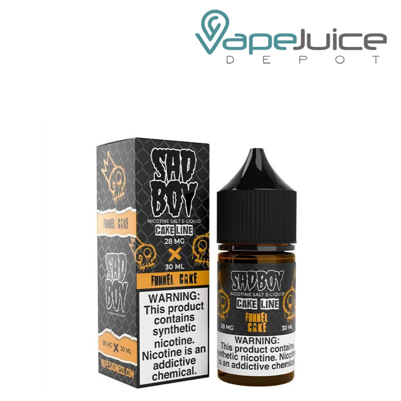 A Box of Funnel Cake Salt SadBoy eLiquid with a warning sign next to its 30ml bottle - Vape Juice Depot