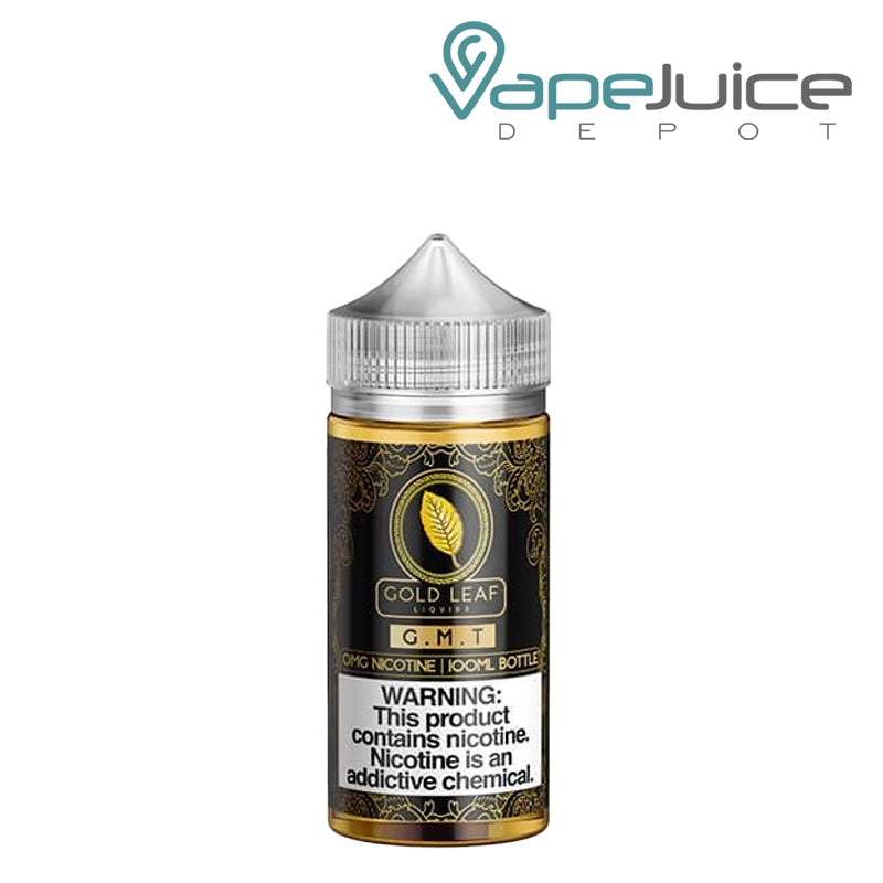 A 100ml bottle of G.M.T. Gold Leaf eLiquid with a warning sign - Vape Juice Depot