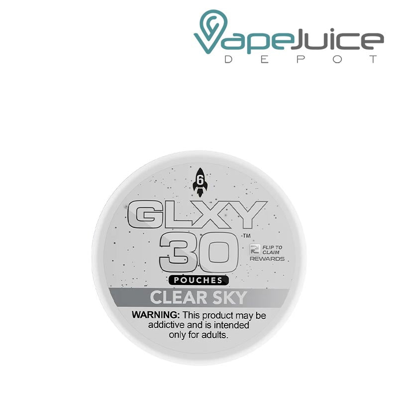 A GLXY Nicotine Pouches Clear Sky with a warning sign - Vape Juice Depot