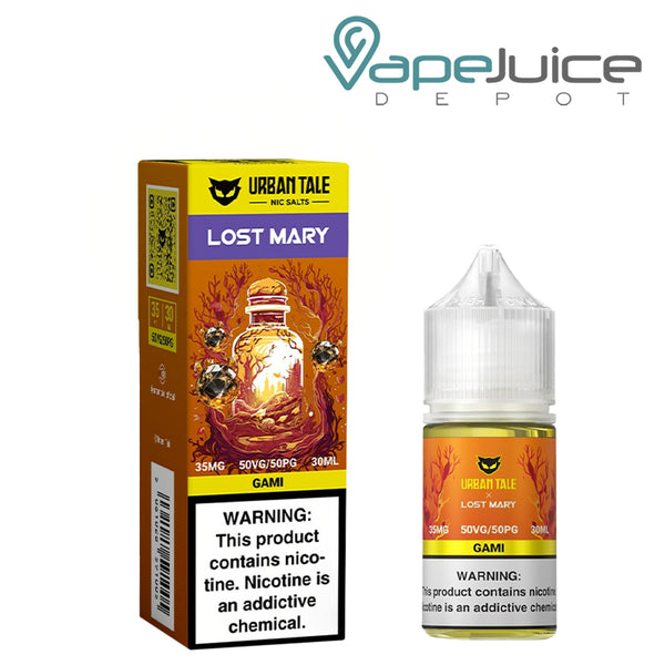A Box of Gami Urban Tale x Lost Mary Salt 35mg with a warning sign and a 30ml bottle next to it - Vape Juice Depot