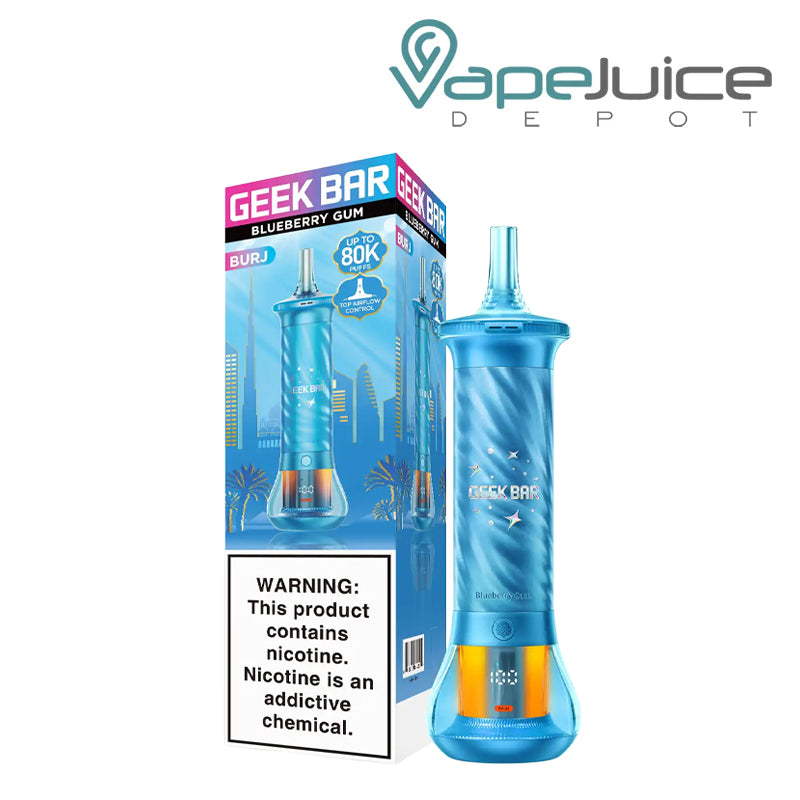 A Box of Blueberry Gum Geek Bar Burj 80K Disposable with a warning sign and a device next to it - Vape Juice Depot