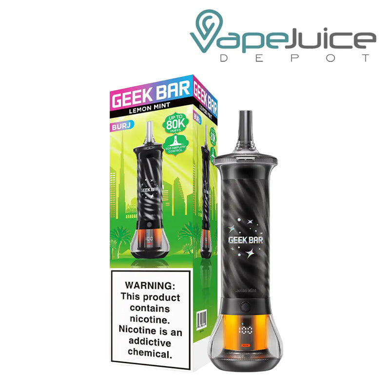 A Box of Lemon Mint Geek Bar Burj 80K Disposable with a warning sign and a device next to it - Vape Juice Depot