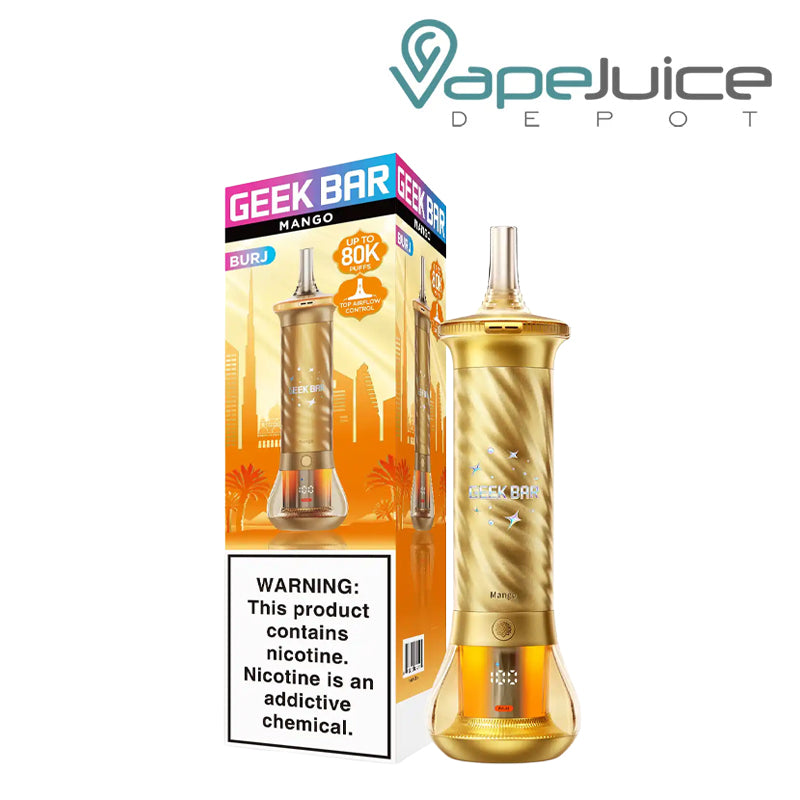 A Box of Mango Geek Bar Burj 80K Disposable with a warning sign and a device next to it - Vape Juice Depot