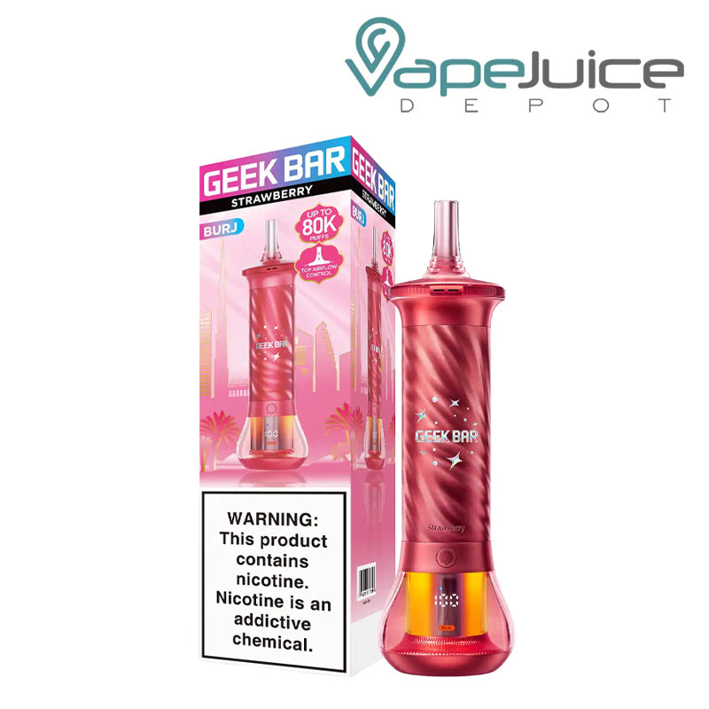 A Box of Strawberry Geek Bar Burj 80K Disposable with a warning sign and a device next to it - Vape Juice Depot
