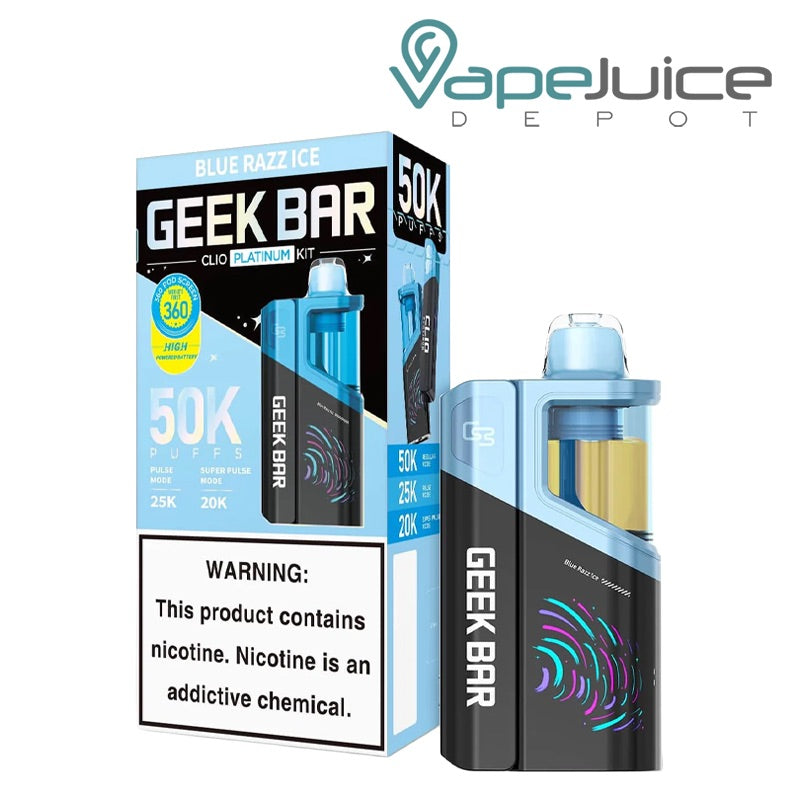 A box of Blue Razz Ice Geek Bar Clio Platinum 50K Disposable Kit with a warning sign and a single disposable next to it - Vape Juice Depot