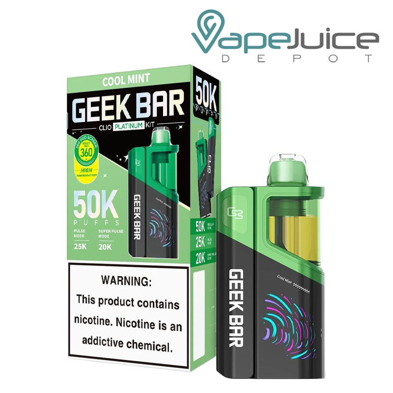 A box of Cool Mint Geek Bar Clio Platinum 50K Disposable Kit with a warning sign and a single disposable next to it - Vape Juice Depot